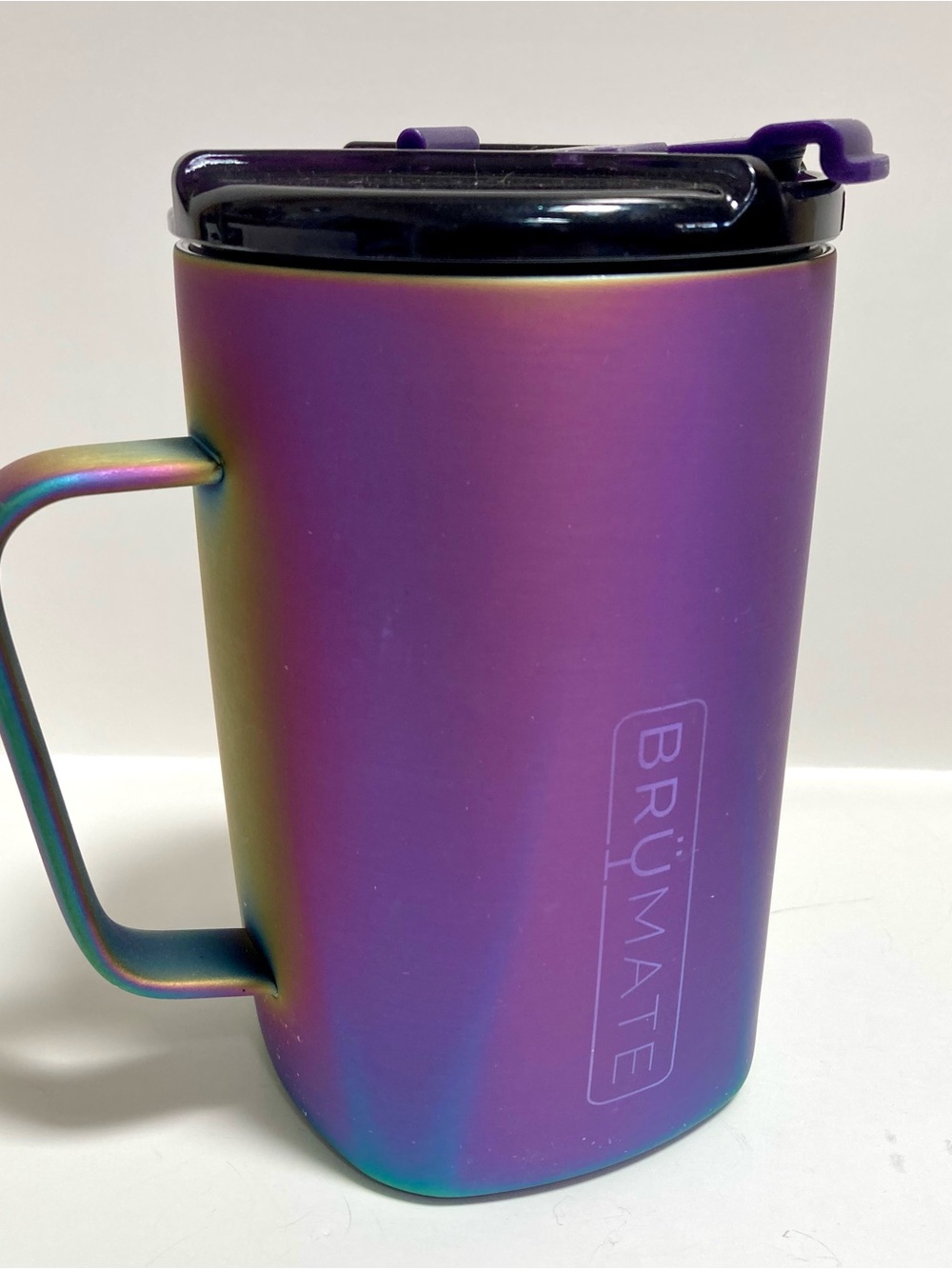 BrüMate Insulated Tumbler Iridescent Travel Mug w Handle Lock Lid Purple Rainbow